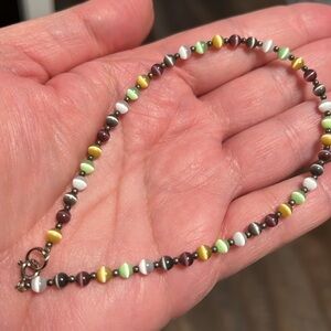 Cat’s eye glass beaded alternating color beads dainty anklet with sterling clasp
